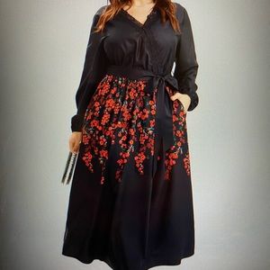 1X NWT Floral Lace Surplice Neck Pocket Lantern Sleeve Belted Maxi Dress